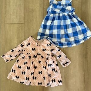 Bundle Pink Bow Print Long Sleeve Dress & Blue Gingham Short Dress